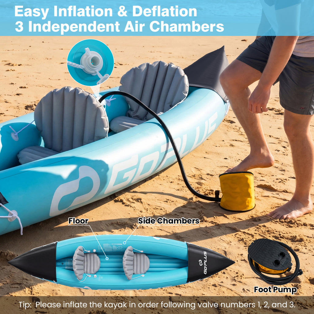 Inflatable 2 Person Kayak with Aluminum Paddles Heavy Duty Touring Boat Blue - Costway