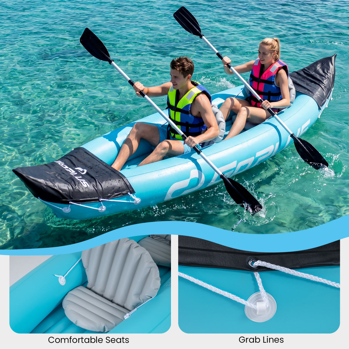 Inflatable 2 Person Kayak with Aluminum Paddles Heavy Duty Touring Boat Blue - Costway