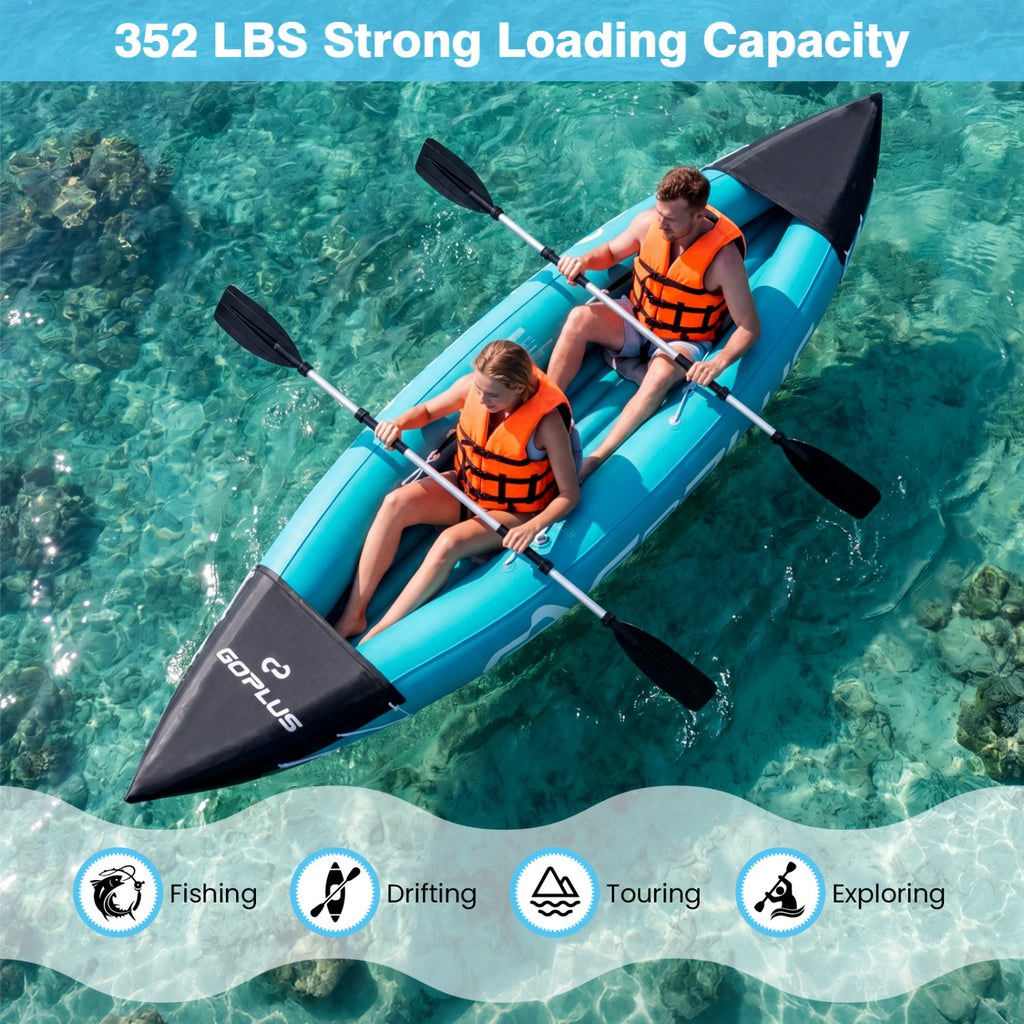 Inflatable 2 Person Kayak with Aluminum Paddles Heavy Duty Touring Boat Blue - Costway