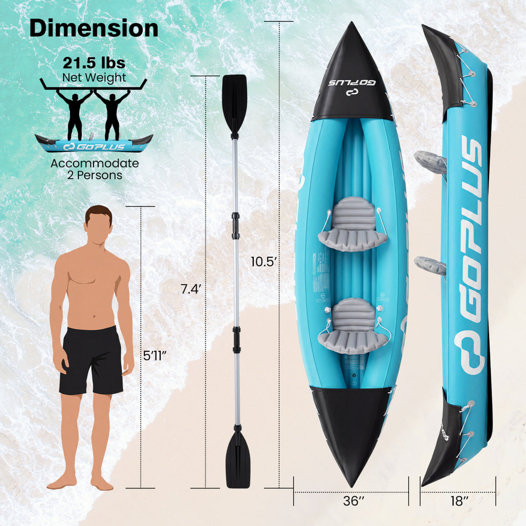 Inflatable 2 Person Kayak with Aluminum Paddles Heavy Duty Touring Boat Blue - Costway