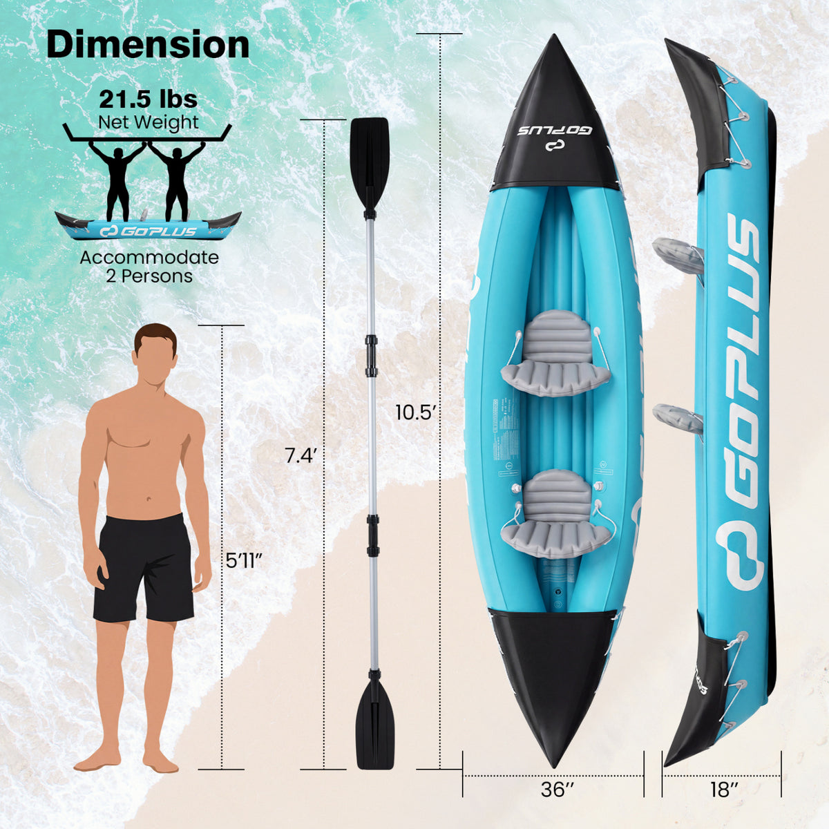 Inflatable 2 Person Kayak with Aluminum Paddles Heavy Duty Touring Boat Blue - Costway