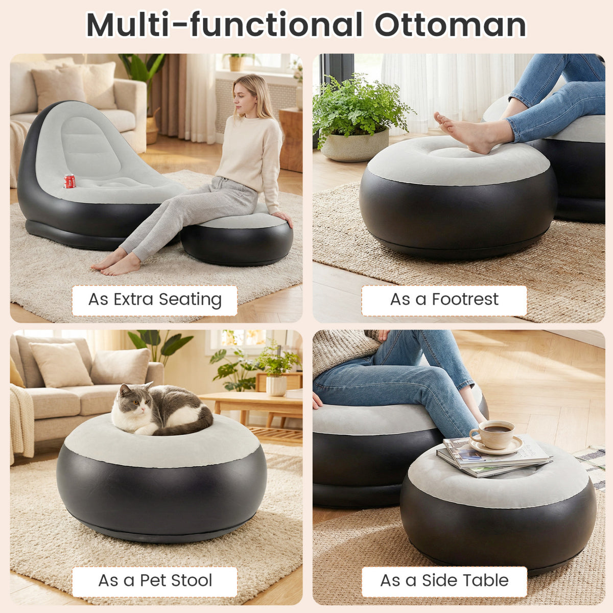 Inflatable Lounge Sofa with Ottoman Portable Air for Adults Flocked