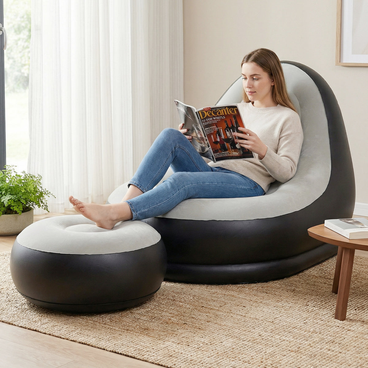 Inflatable Lounge Sofa with Ottoman Portable Air for Adults Flocked