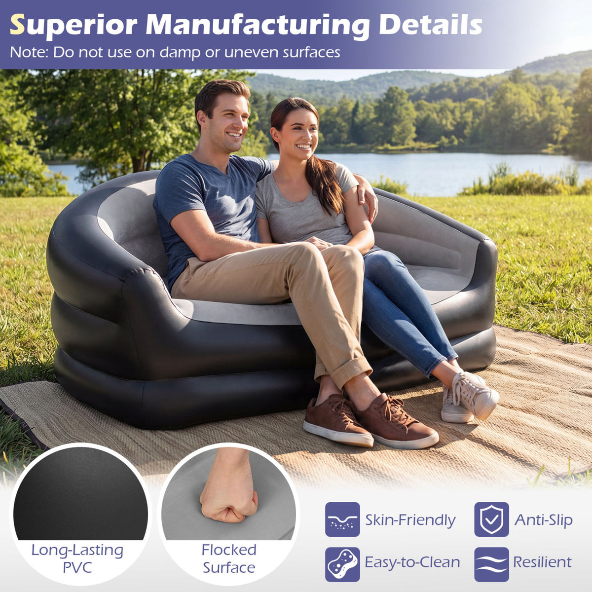 Inflatable Loveseat Couch Portable and Foldable 2-Seater Air Sofa for
