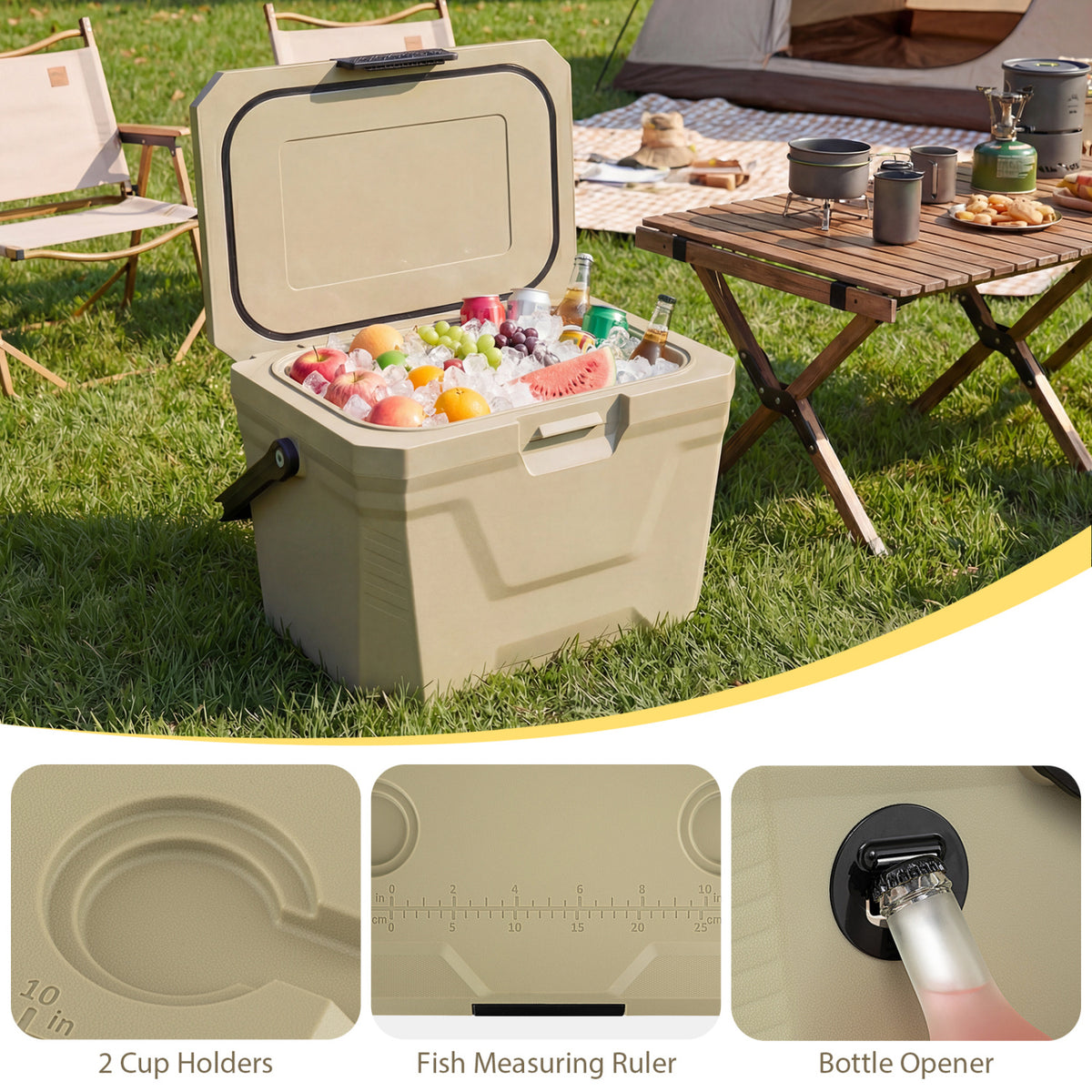 Insulated Hard Shell Cooler Ice Chest with Cup Holders - 21 QT Coffee