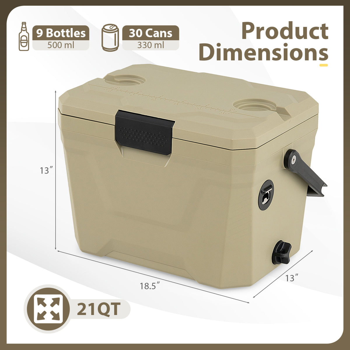 Insulated Hard Shell Cooler Ice Chest with Cup Holders - 21 QT Coffee