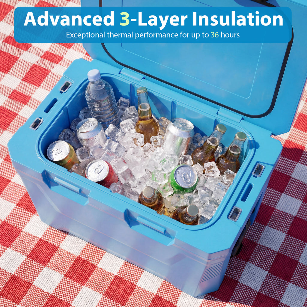 Insulated Portable Cooler Hard Shell Ice Chest with 2 Cup Holders