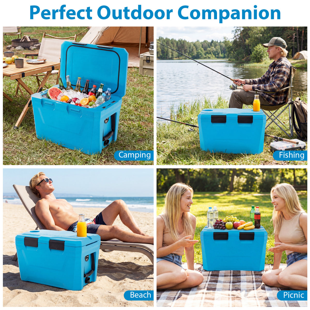 Insulated Portable Cooler Hard Shell Ice Chest with 2 Cup Holders