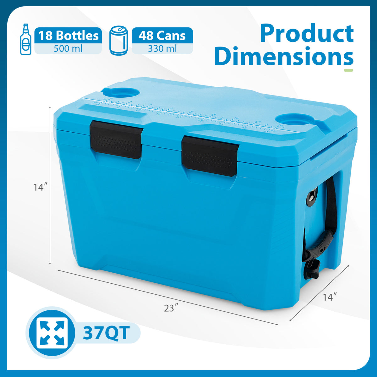 Insulated Portable Cooler Hard Shell Ice Chest with 2 Cup Holders