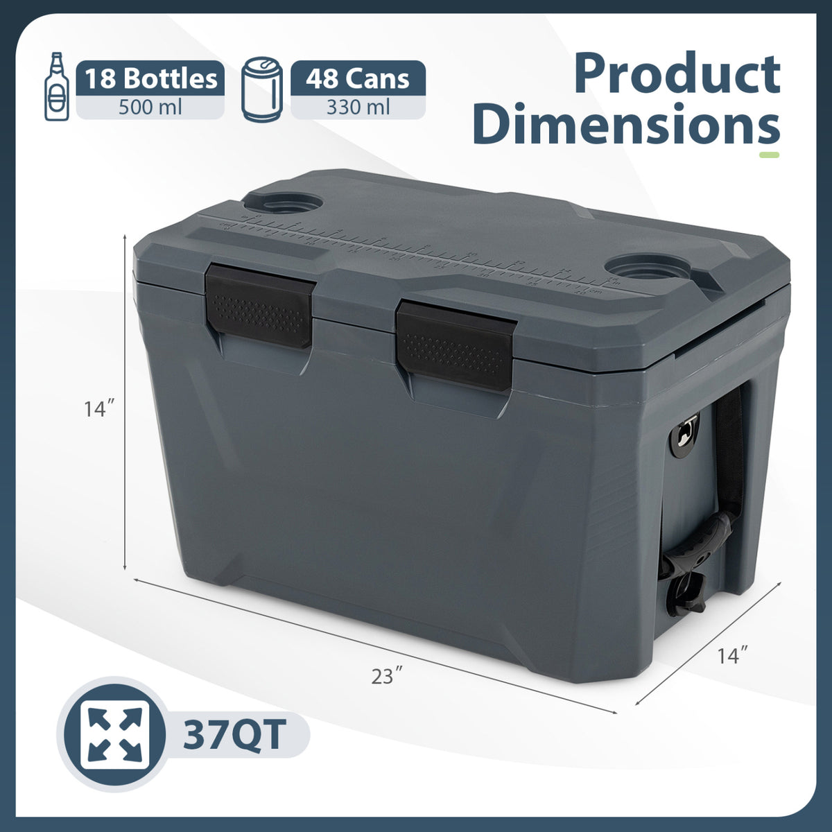 Insulated Portable Cooler Hard Shell Ice Chest 37 QT - Gray