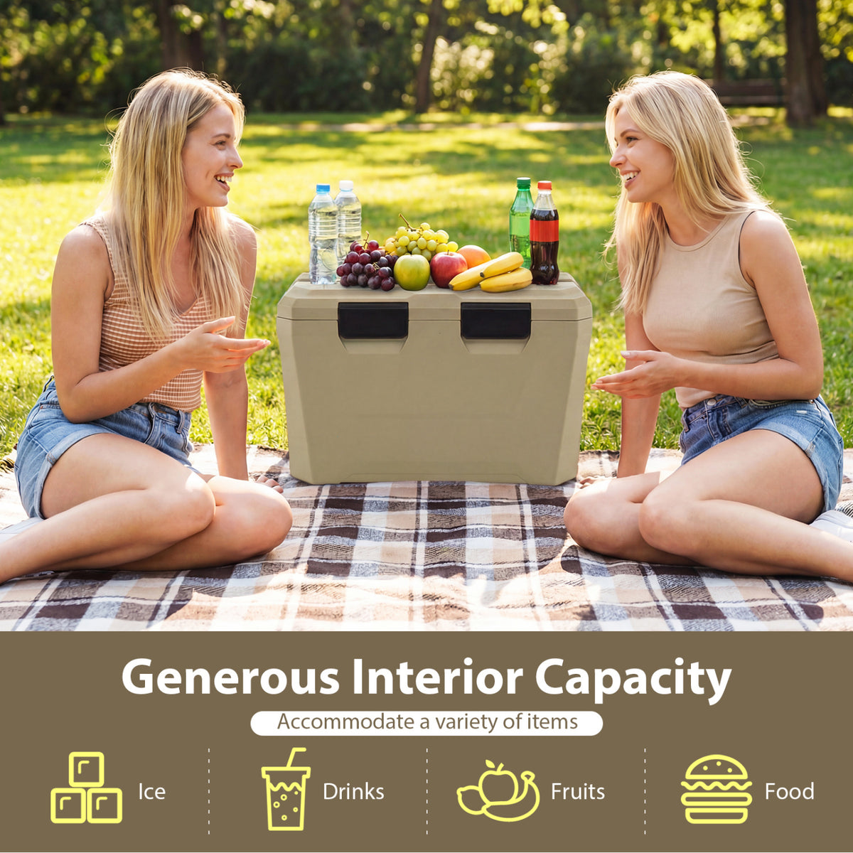 Insulated Portable Cooler Hard Shell Ice Chest with 2 Cup Holders