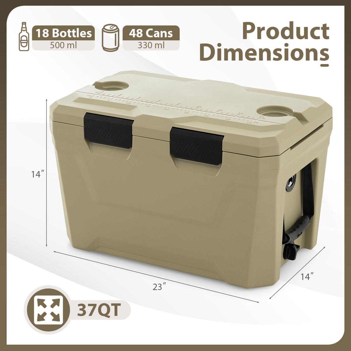 37 QT Insulated Hard Shell Cooler with Cup Holders - Coffee