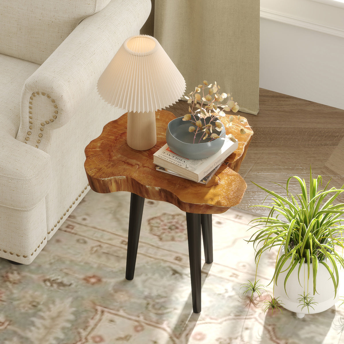 Teak Wood End Table with Mahogany Legs - Irregular Desktop