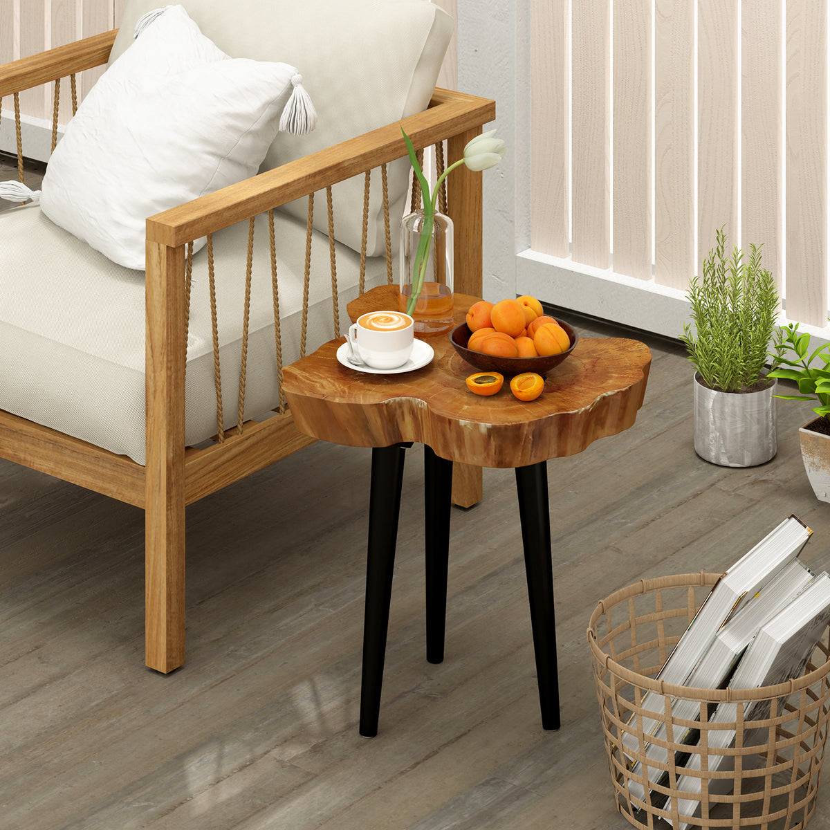 Teak Wood End Table with Mahogany Legs - Irregular Desktop