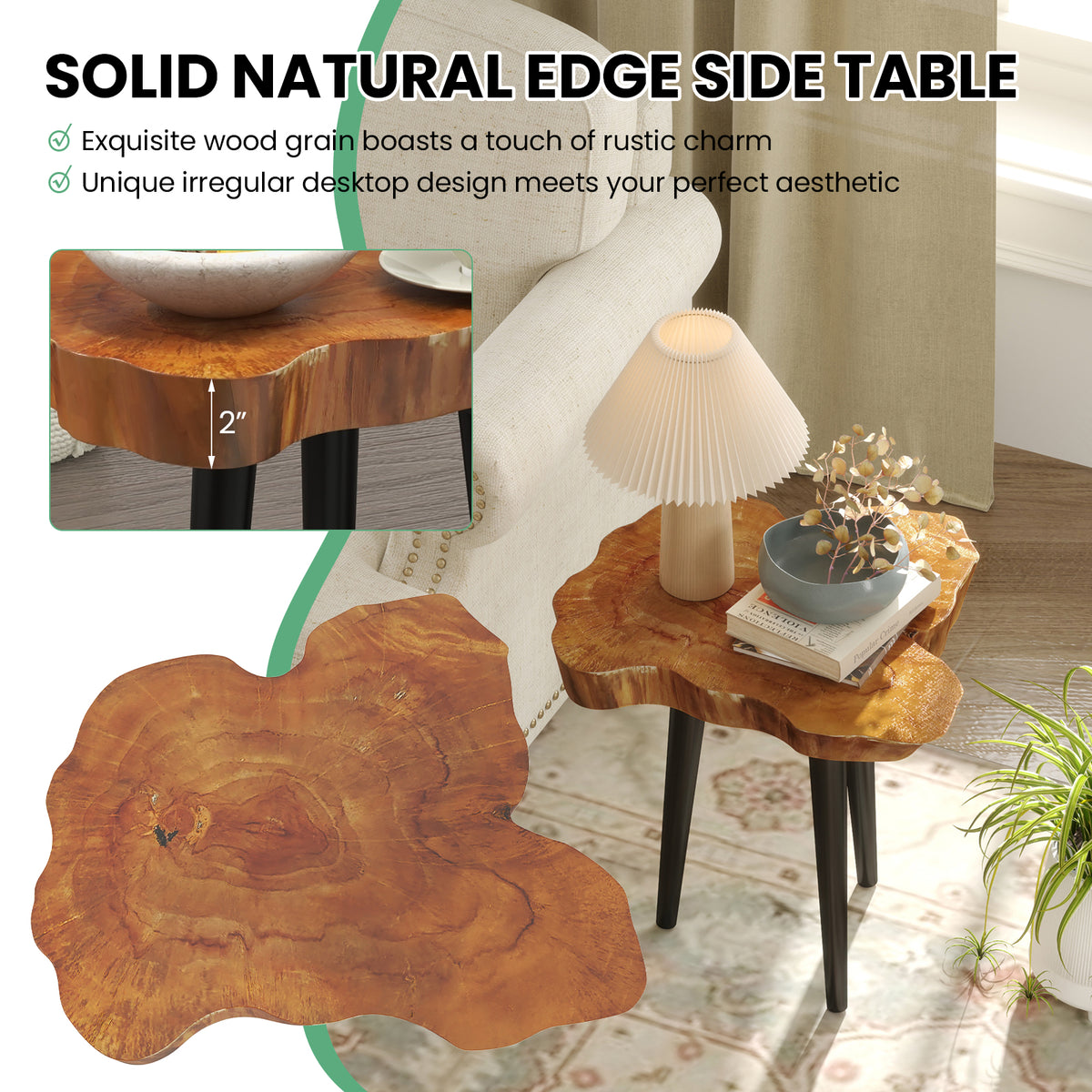 Teak Wood End Table with Mahogany Legs - Irregular Desktop