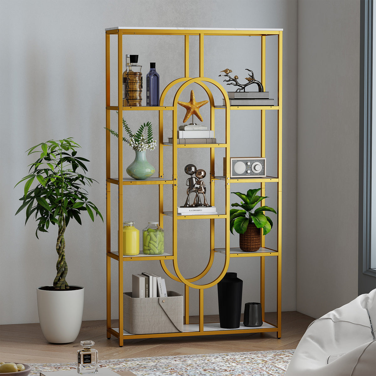 5-Tier Oval Bookcase with Open Shelves - White