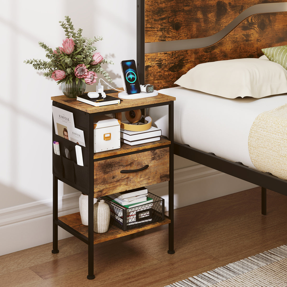 Nightstand with Charging Station 24.5" - Rustic Brown Fabric Drawer