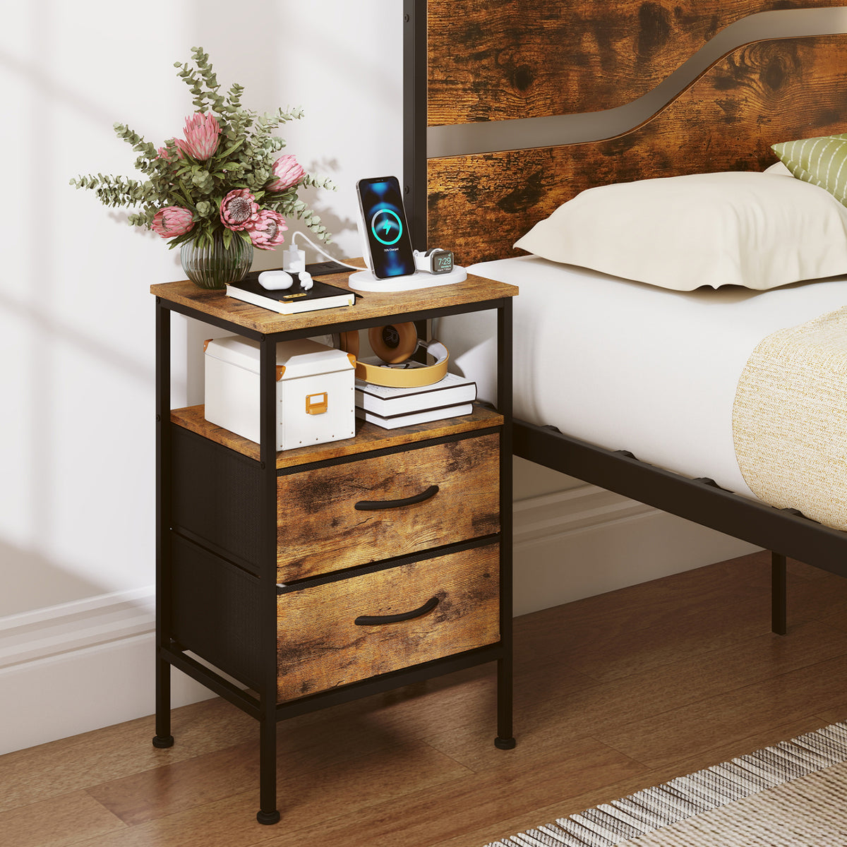 Nightstand with Charging Station 24.5" - Black, 2 Fabric Drawers