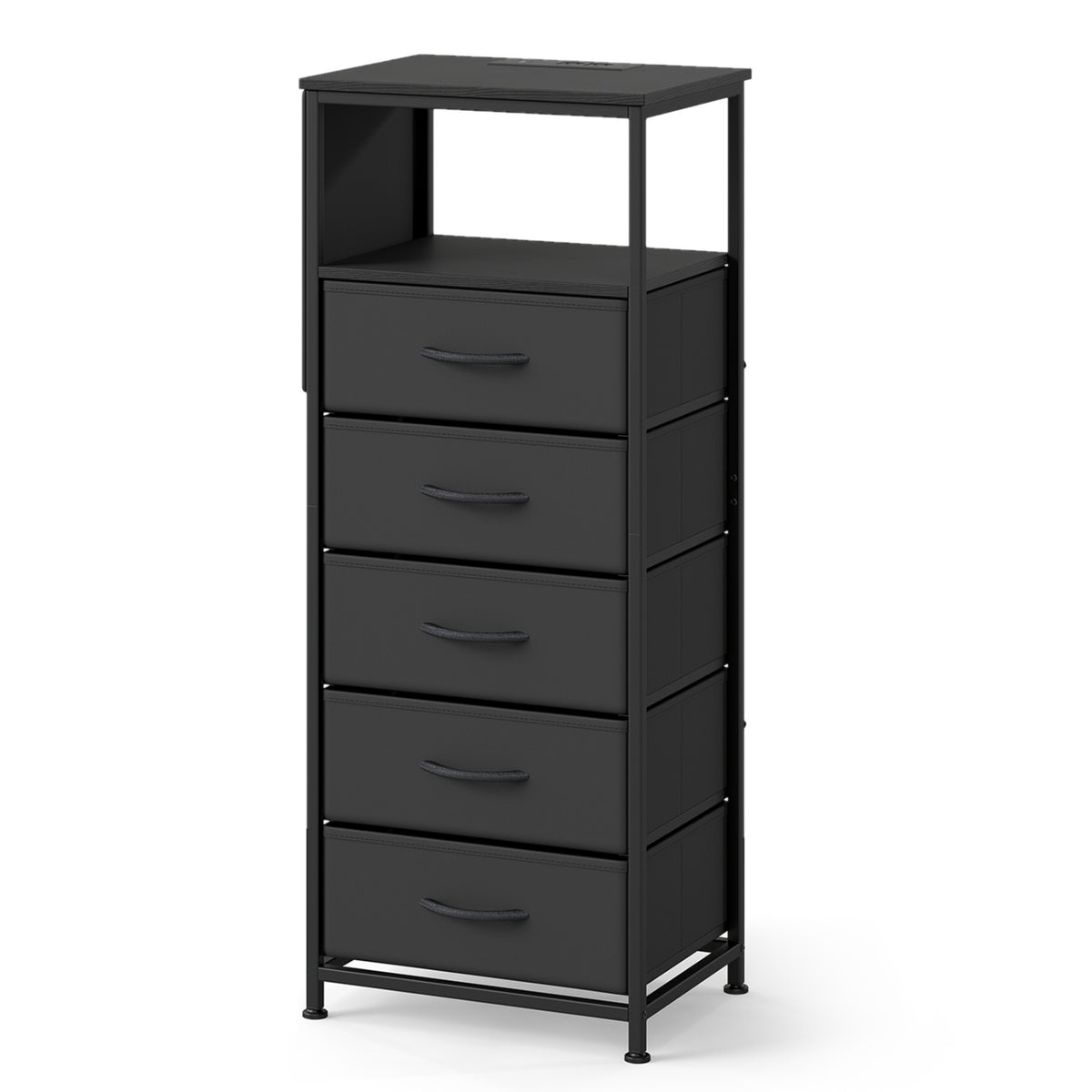 Nightstand with Charging Station & 5 Fabric Drawers - Brown
