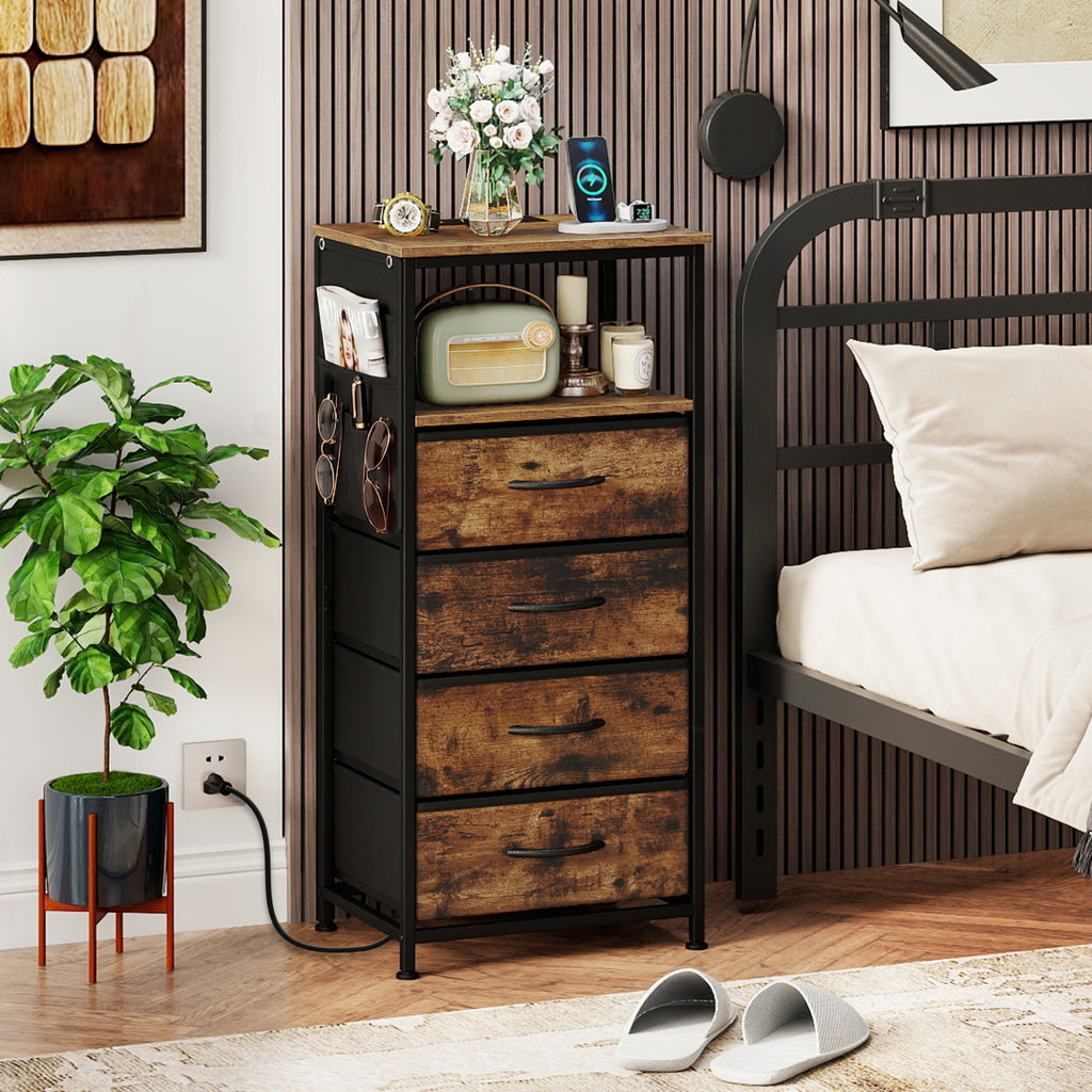 Nightstand with Charging Station, 34" Modern Bedside Table - Rustic Brown