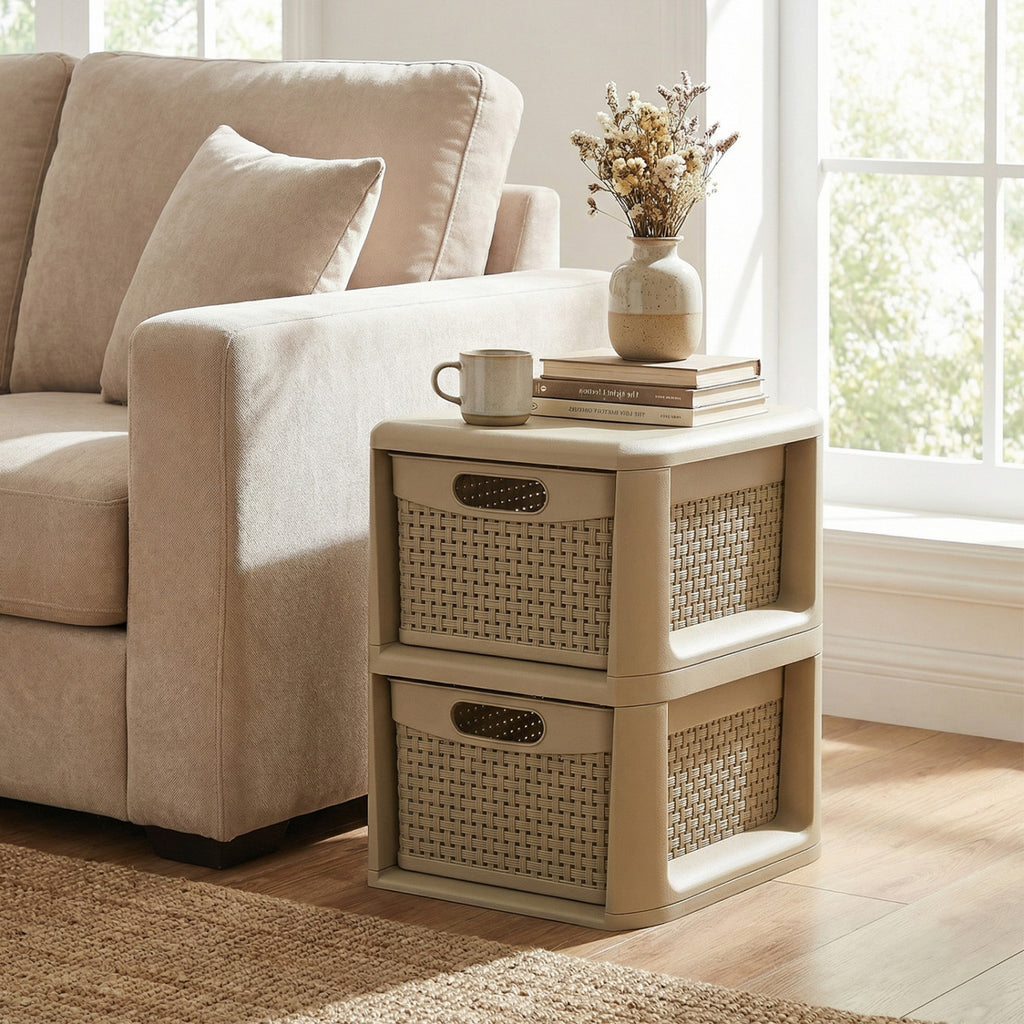 2-Drawer Storage Organizer with Wicker Patterns - Brown