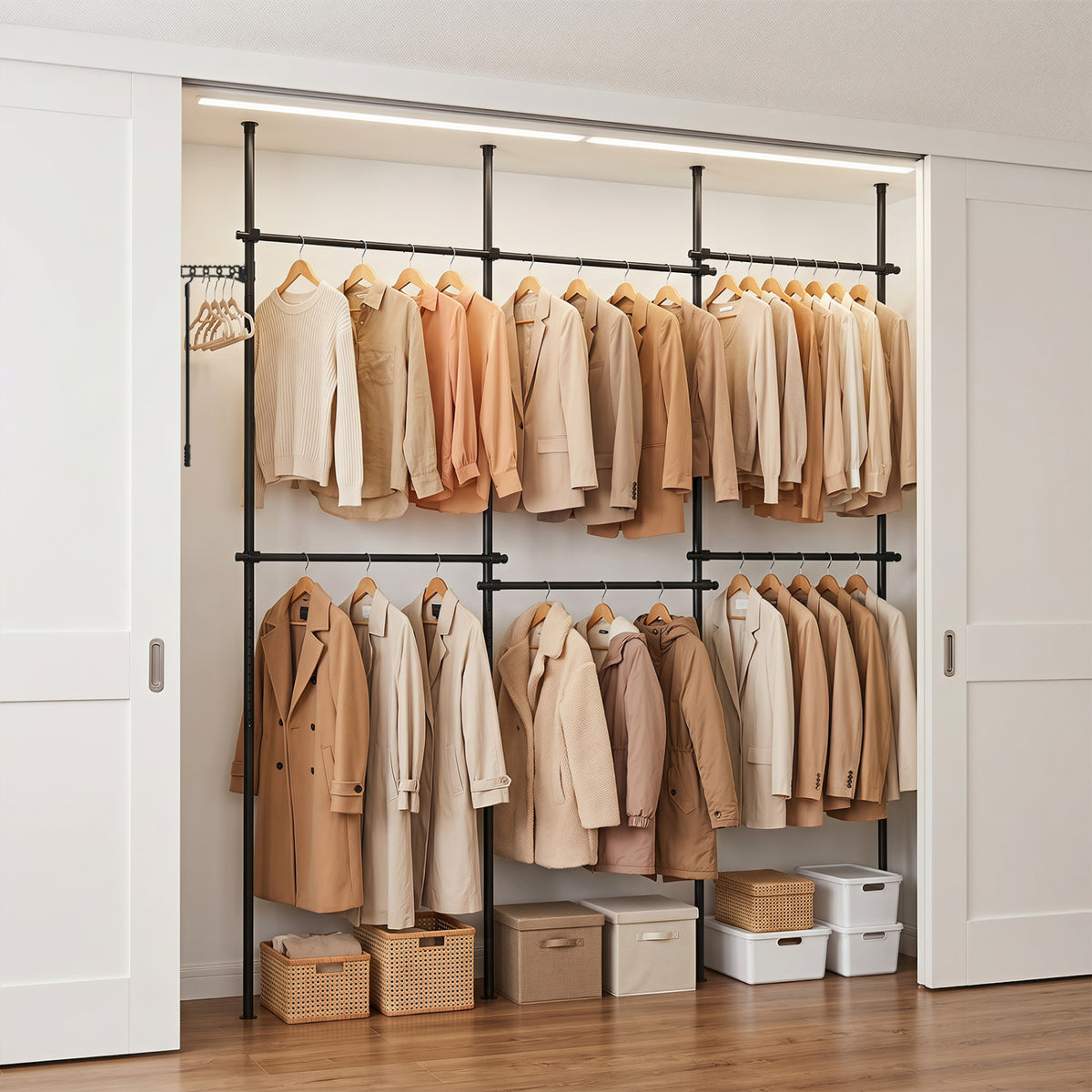 Adjustable Floor to Ceiling Clothes Rack with 6 Hanging Rods - Black