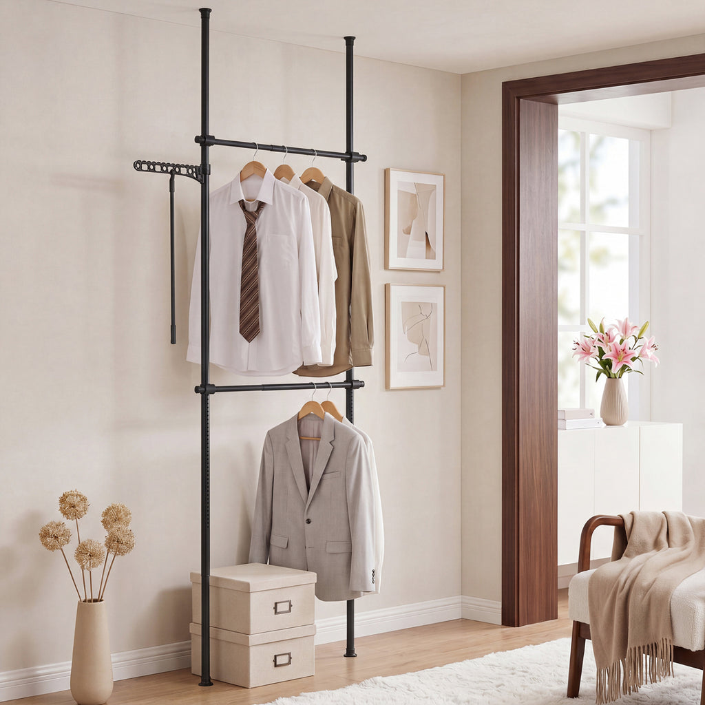 Adjustable Floor to Ceiling Clothes Rack with 2 Hanging Rods - Black