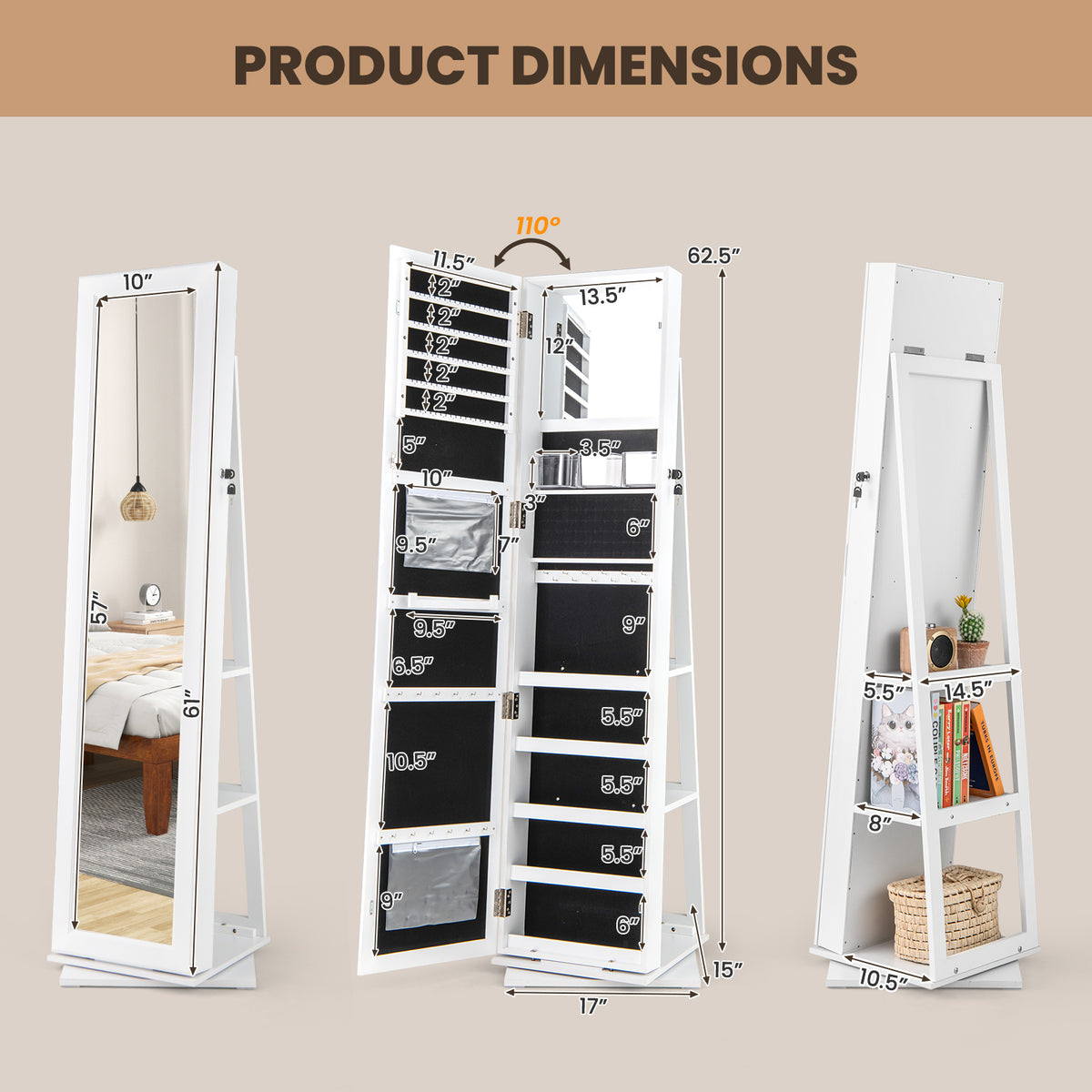 360° Swivel Jewelry Armoire with Mirror & Back Shelves - White