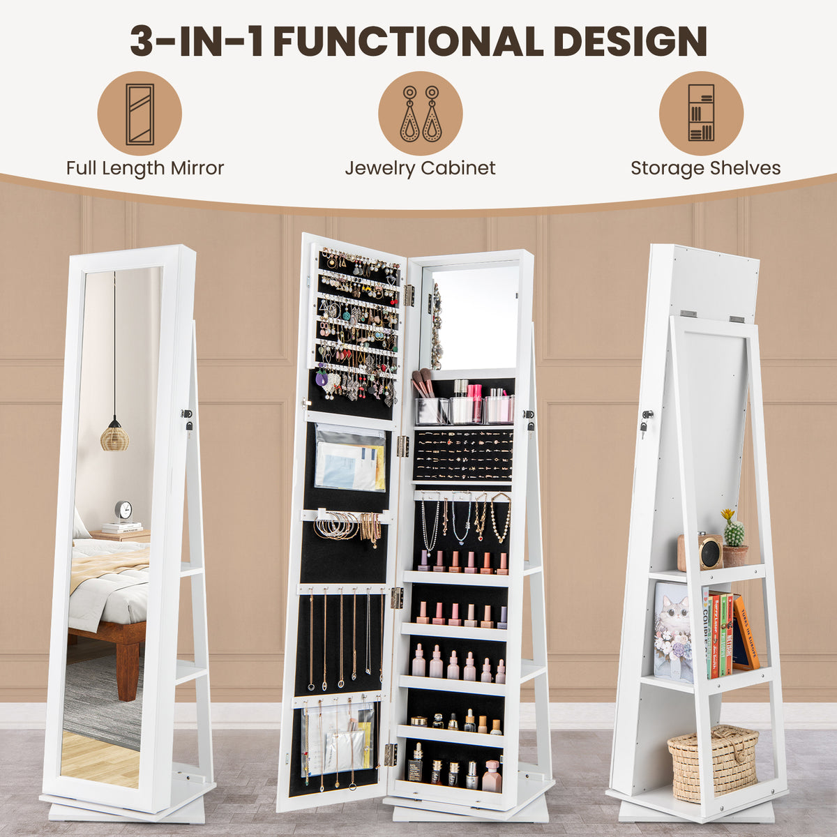 360° Swivel Jewelry Armoire with Mirror & Back Shelves - White