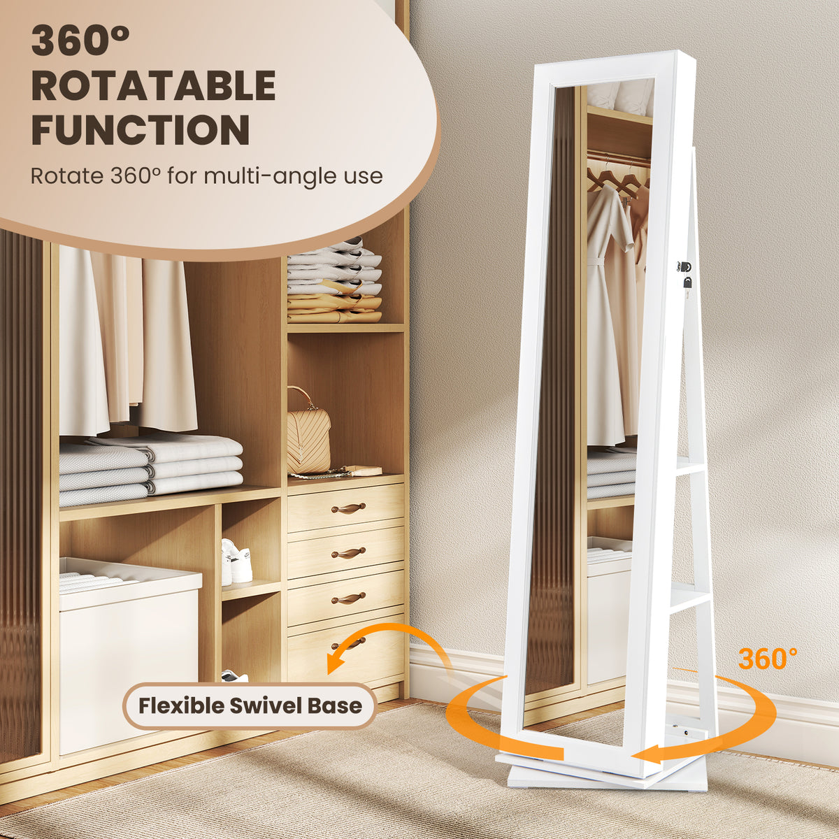 360° Swivel Jewelry Armoire with Mirror & Back Shelves - White