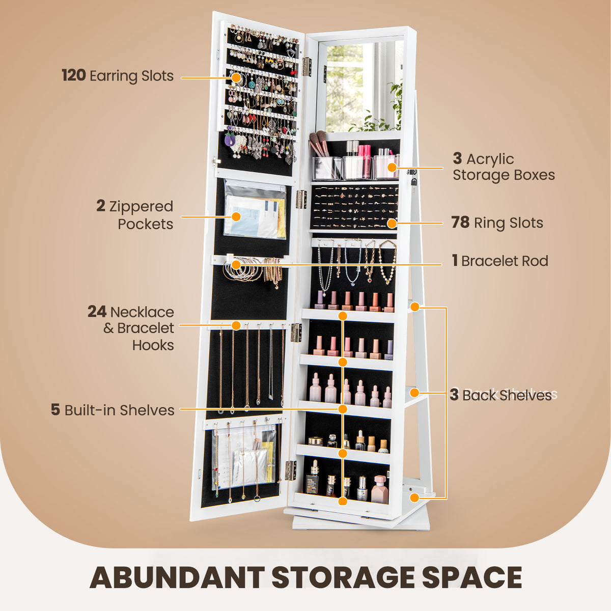 360° Swivel Jewelry Armoire with Mirror & Back Shelves - White