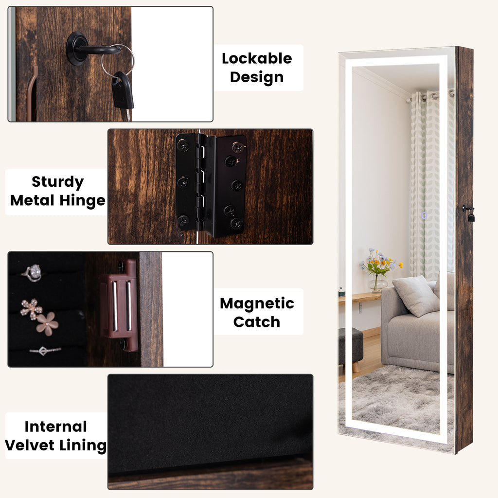 Mirrored Jewelry Armoire with LED Lights - Rustic Brown