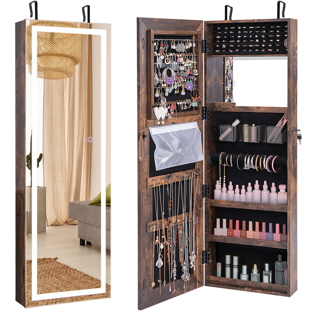 Mirrored Jewelry Armoire with LED Lights - Rustic Brown