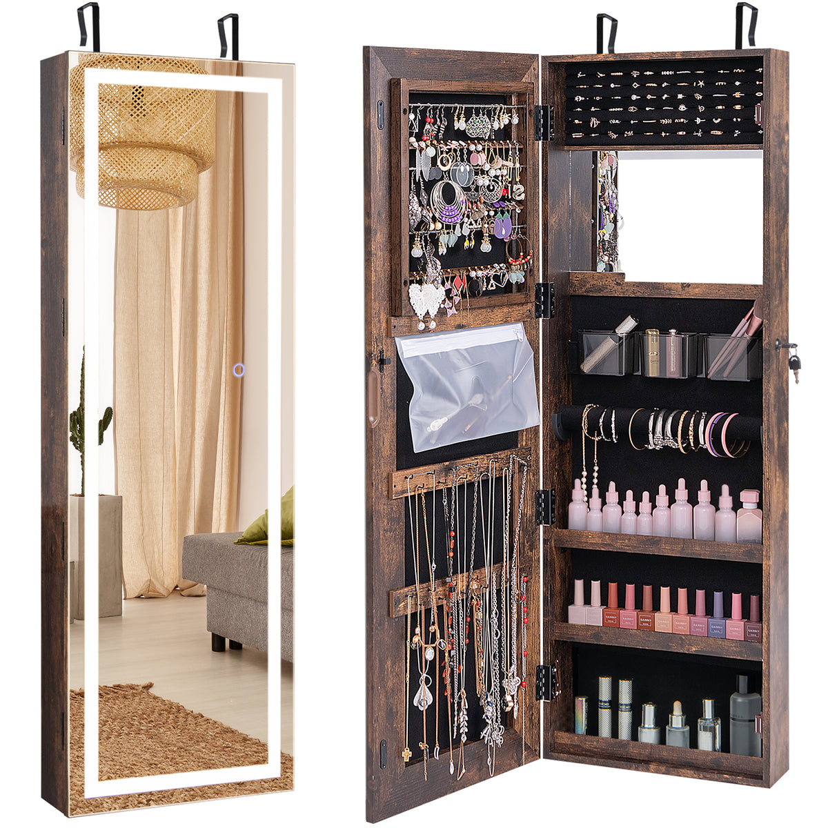 Mirrored Jewelry Armoire with LED Lights - Rustic Brown