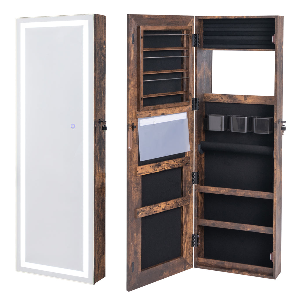 Mirrored Jewelry Armoire with LED Lights - Rustic Brown