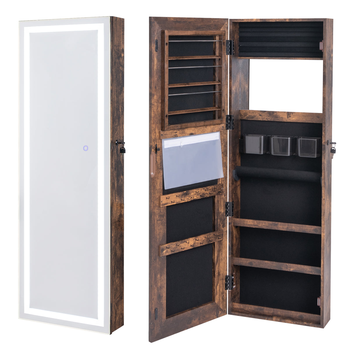 Mirrored Jewelry Armoire with LED Lights - Rustic Brown