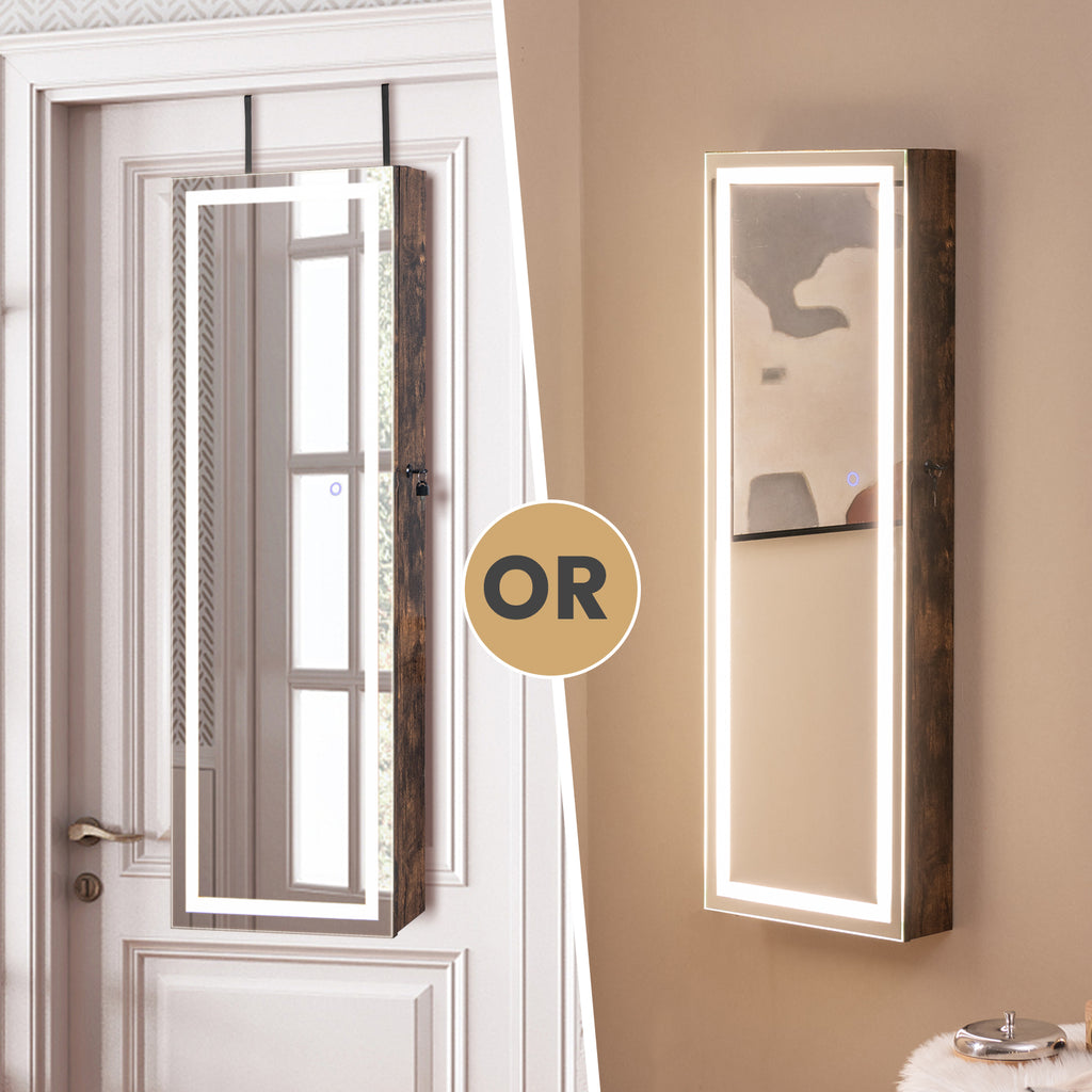 Mirrored Jewelry Armoire with LED Lights - Rustic Brown