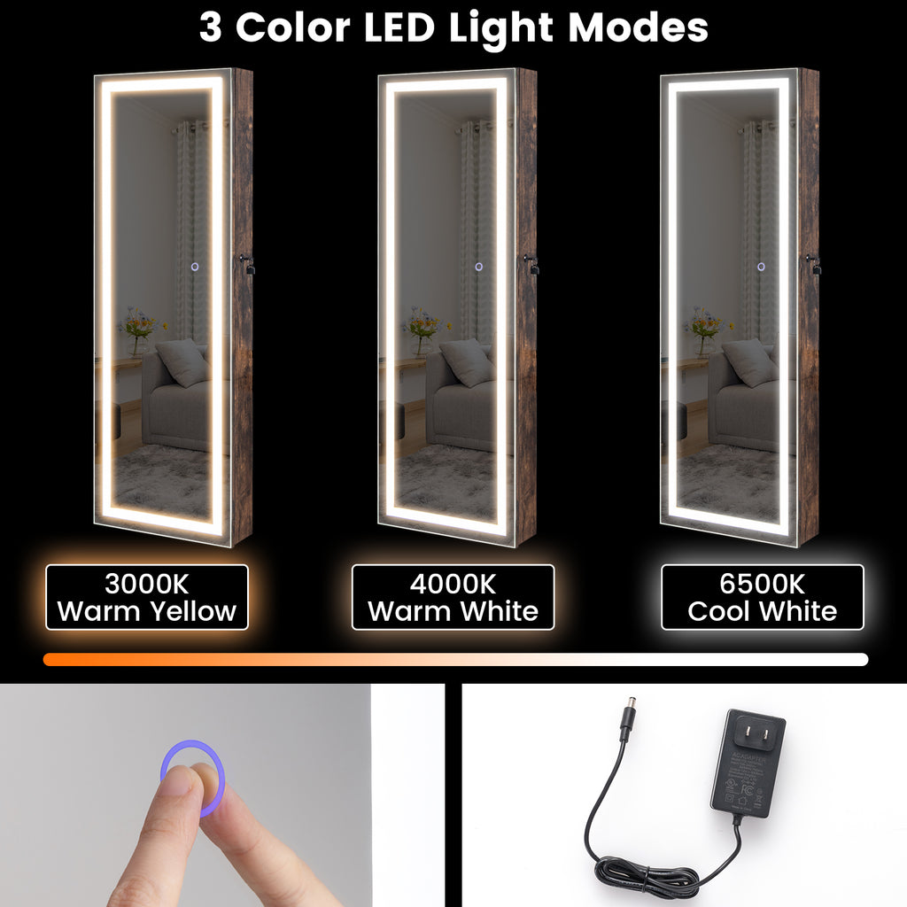 Mirrored Jewelry Armoire with LED Lights - Rustic Brown