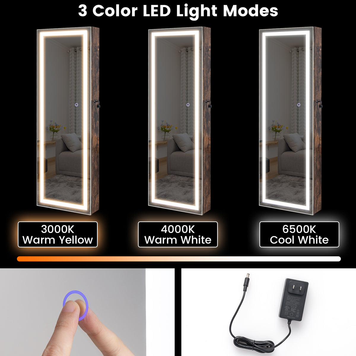Mirrored Jewelry Armoire with LED Lights - Rustic Brown