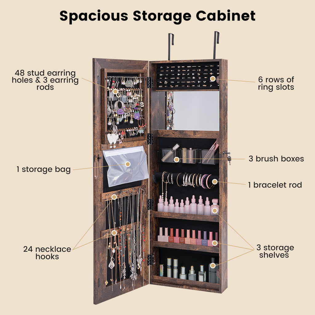 Mirrored Jewelry Armoire with LED Lights - Rustic Brown
