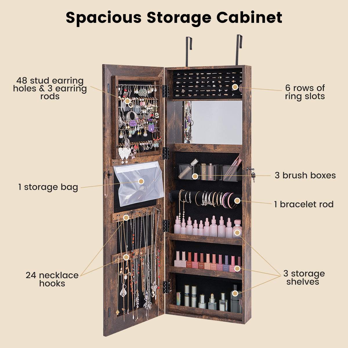 Mirrored Jewelry Armoire with LED Lights - Rustic Brown