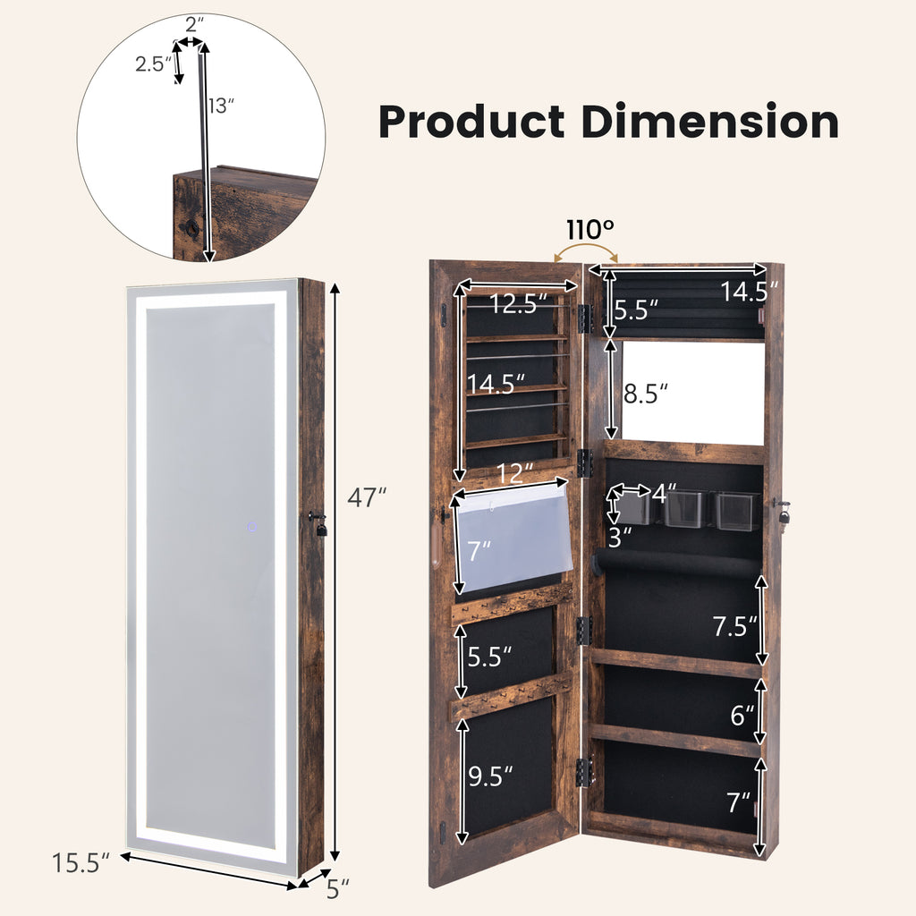 Mirrored Jewelry Armoire with LED Lights - Rustic Brown