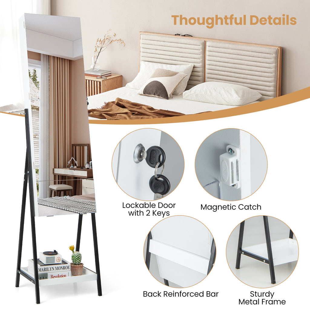 Lockable Freestanding Jewelry Organizer with Mirror, White