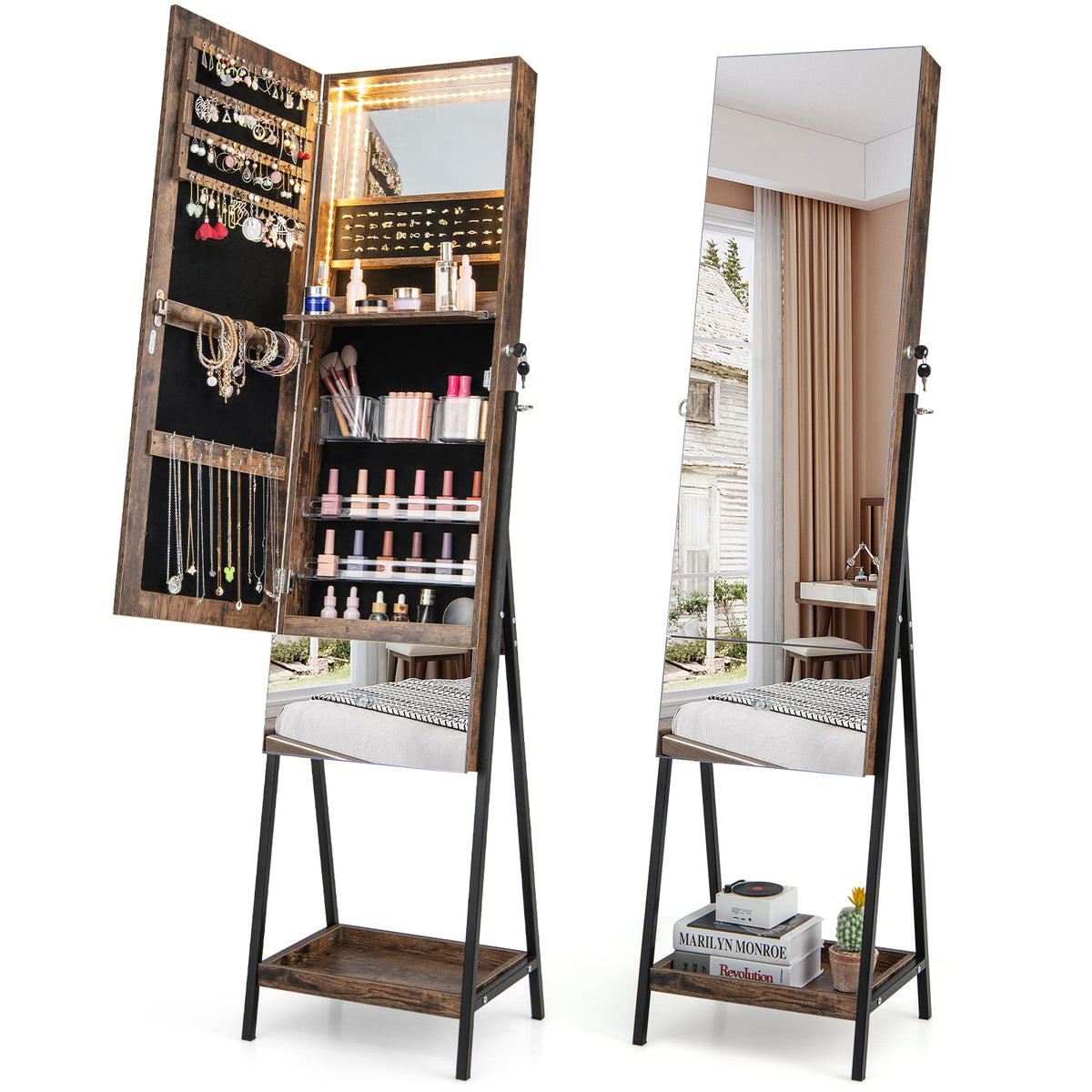 Freestanding Jewelry Cabinet with Full-Length Mirror, Rustic Brown