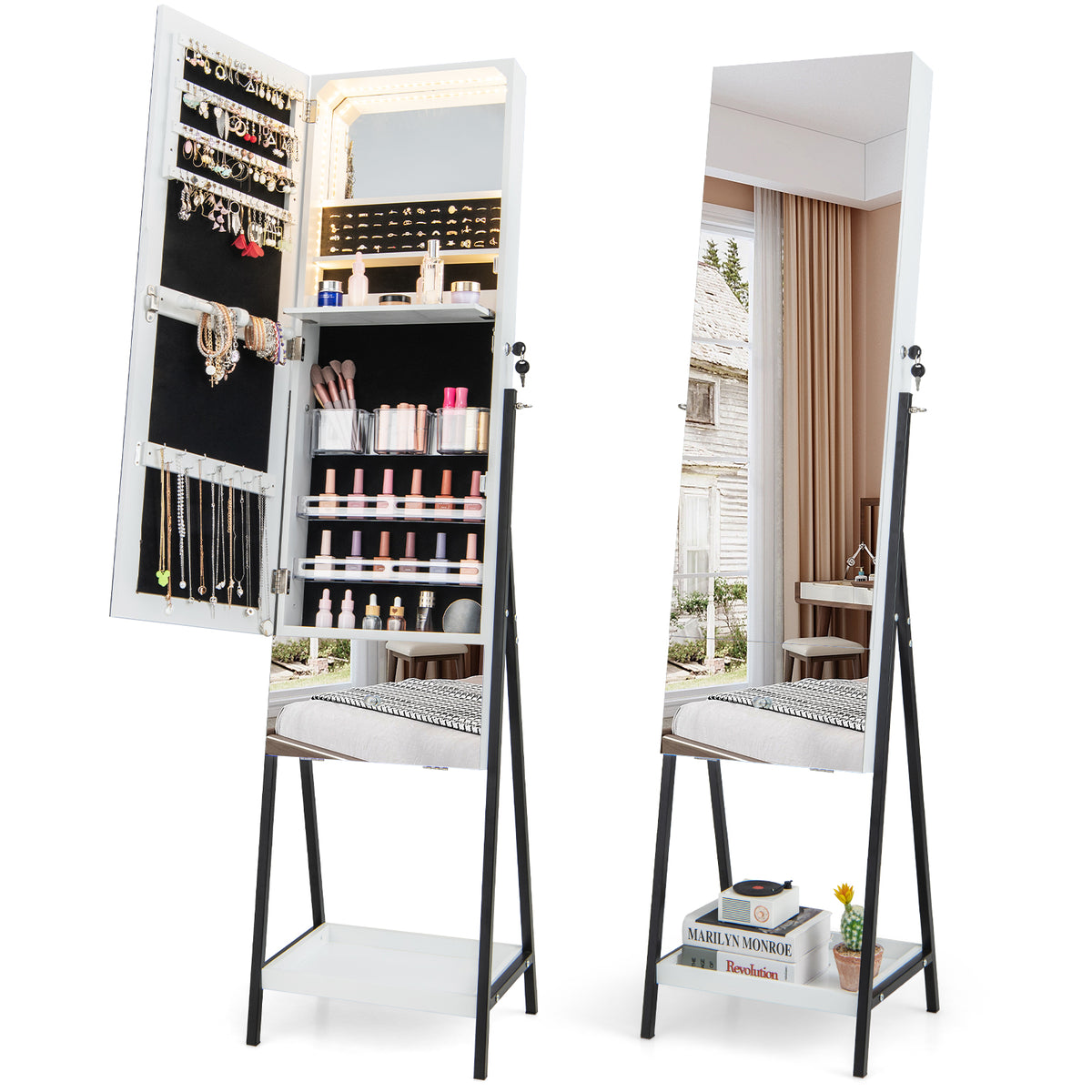 Lockable Freestanding Jewelry Organizer with Mirror, White