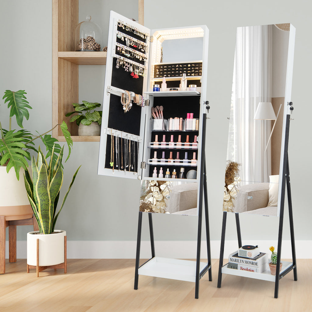 Lockable Freestanding Jewelry Organizer with Mirror, White