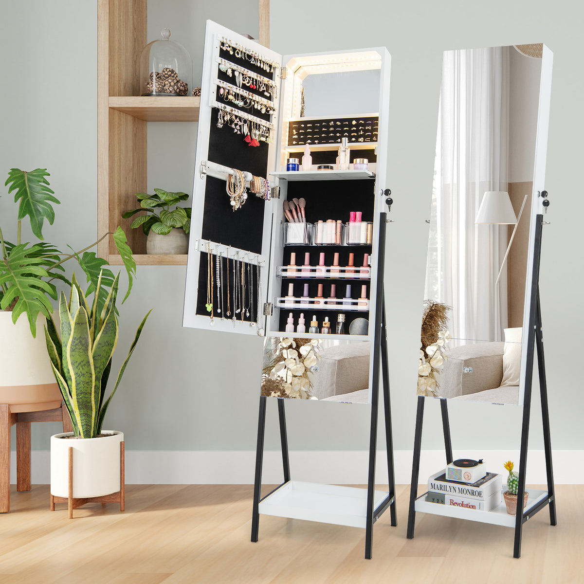 Lockable Freestanding Jewelry Organizer with Mirror, White