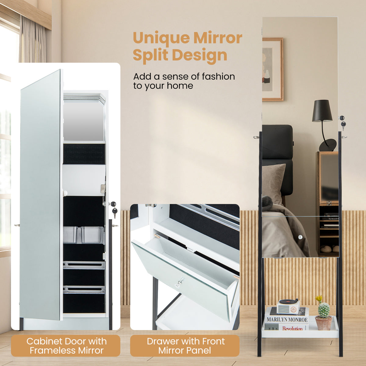 Lockable Freestanding Jewelry Organizer with Mirror, White