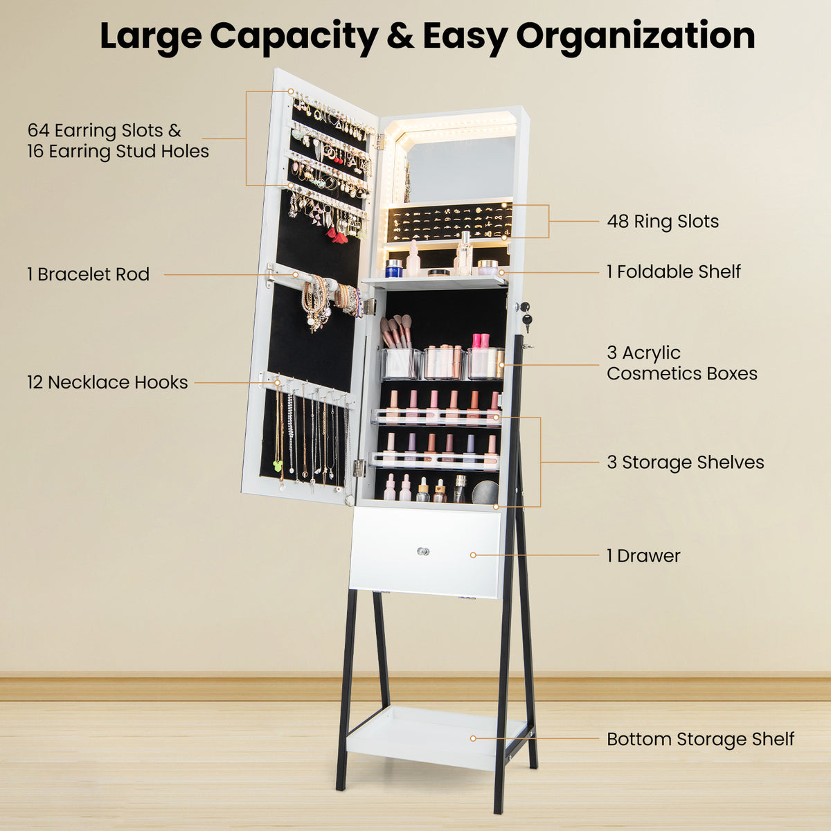 Lockable Freestanding Jewelry Organizer with Mirror, White