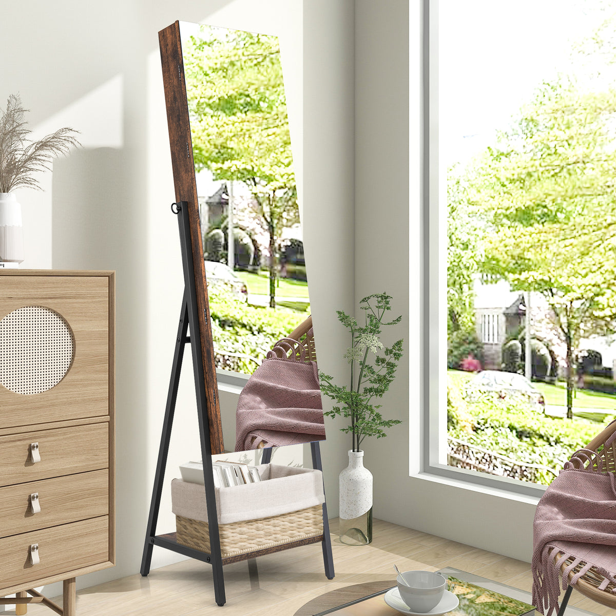 Freestanding Jewelry Cabinet with Mirror – Rustic Brown